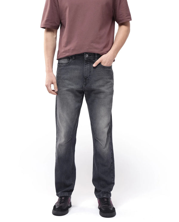 Rare Rabbit Men's Kobet Grey Cotton Fabric Mid Wash Mid Rise Regular Fit Cut and Sew Jeans