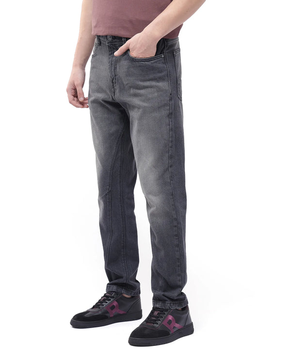 Rare Rabbit Men's Kobet Grey Cotton Fabric Mid Wash Mid Rise Regular Fit Cut and Sew Jeans