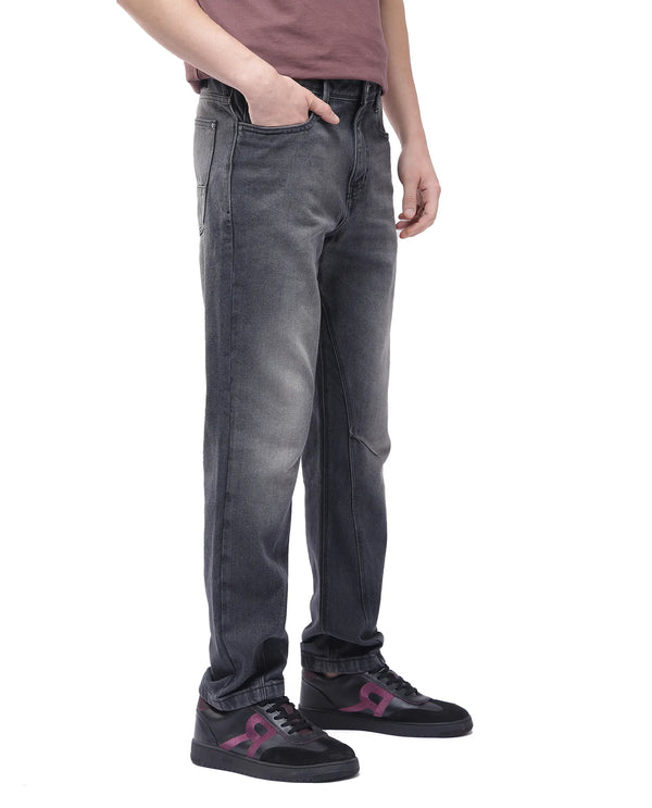 Rare Rabbit Men's Kobet Grey Cotton Fabric Mid Wash Mid Rise Regular Fit Cut and Sew Jeans