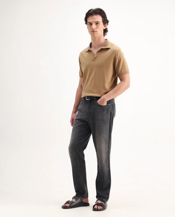 Rare Rabbit Men's Kobet Grey Cotton Fabric Mid Wash Mid Rise Regular Fit Cut and Sew Jeans