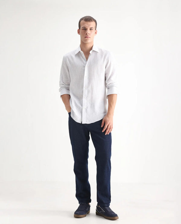 Rare Rabbit Men's Kobetor Dark Blue Cotton Fabric Rinse Wash Mid Rise Cut and Sew Solid Jeans