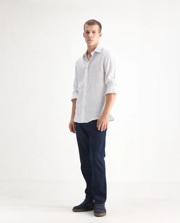 Rare Rabbit Men's Kobetor Dark Blue Cotton Fabric Rinse Wash Mid Rise Cut and Sew Solid Jeans