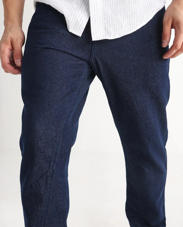 Rare Rabbit Men's Kobetor Dark Blue Cotton Fabric Rinse Wash Mid Rise Cut and Sew Solid Jeans