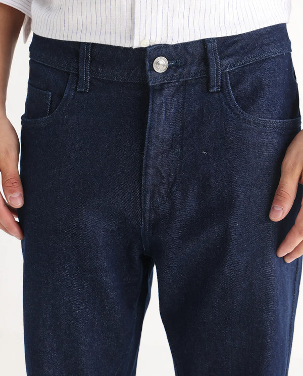 Rare Rabbit Men's Kobetor Dark Blue Cotton Fabric Rinse Wash Mid Rise Cut and Sew Solid Jeans