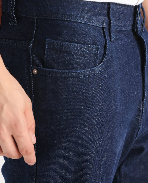 Rare Rabbit Men's Kobetor Dark Blue Cotton Fabric Rinse Wash Mid Rise Cut and Sew Solid Jeans