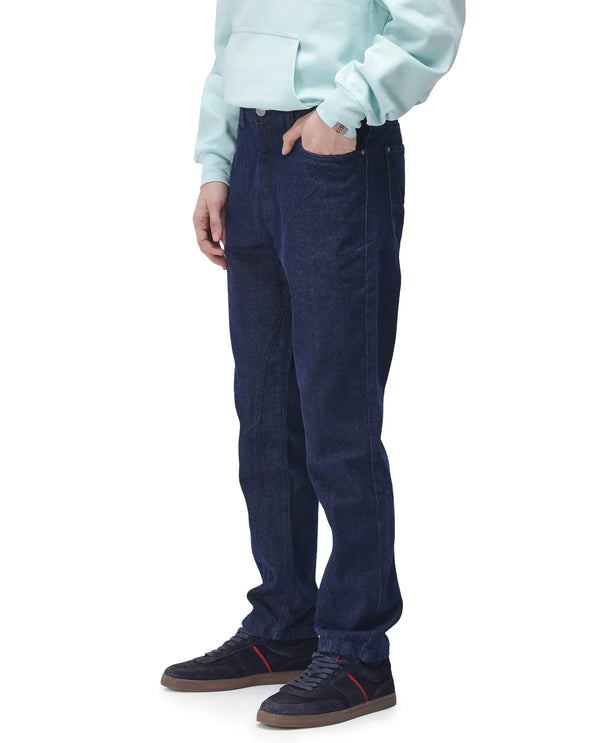 Rare Rabbit Men's Kobetor Dark Blue Cotton Fabric Rinse Wash Mid Rise Cut and Sew Solid Jeans