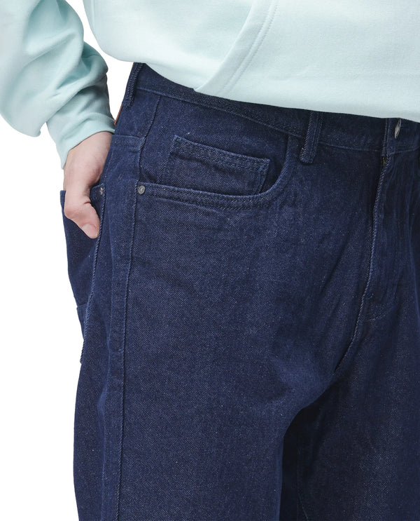 Rare Rabbit Men's Kobetor Dark Blue Cotton Fabric Rinse Wash Mid Rise Cut and Sew Solid Jeans