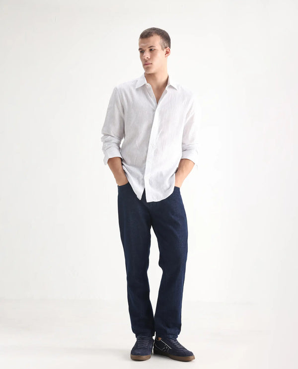 Rare Rabbit Men's Kobetor Dark Blue Cotton Fabric Rinse Wash Mid Rise Cut and Sew Solid Jeans