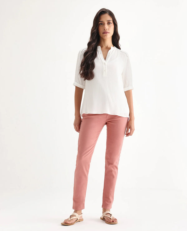 Rareism Women Kocho Pink Cotton Lycra Fabric Mid Rise Solid Slim Fit Ankle Length Jeans
