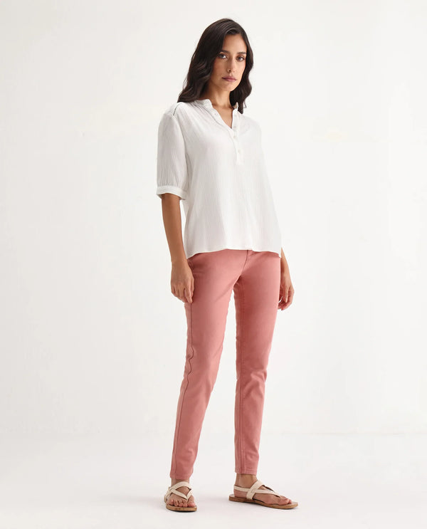 Rareism Women Kocho Pink Cotton Lycra Fabric Mid Rise Solid Slim Fit Ankle Length Jeans