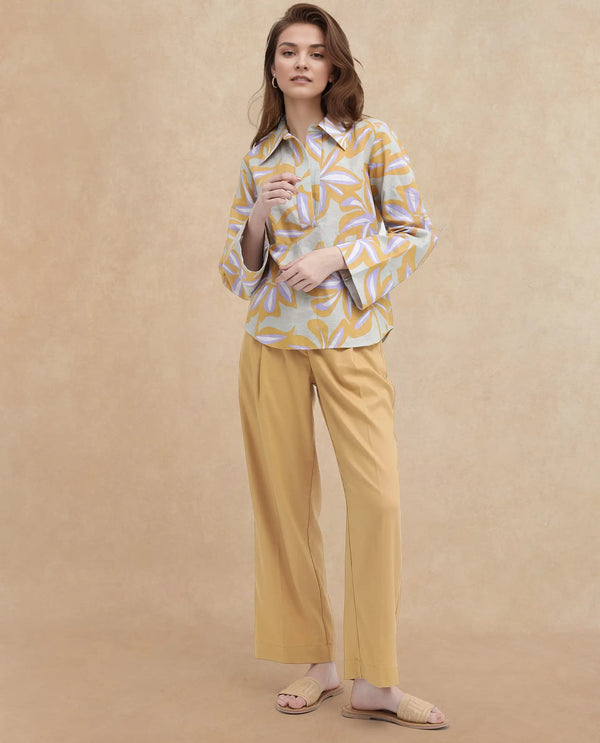 Rareism Women Kofianie Brown Bell Sleeves Collared Collar Abstract Print Top