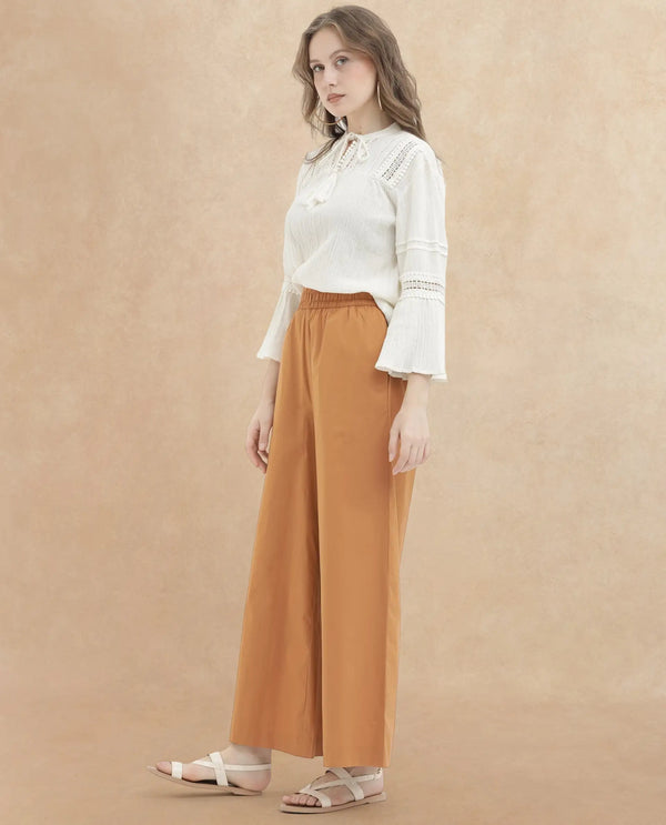 Rareism Women Kofu Light Brown Cotton Fabric Tie-Up Closure Flared Fit Plain Ankle Length Trousers