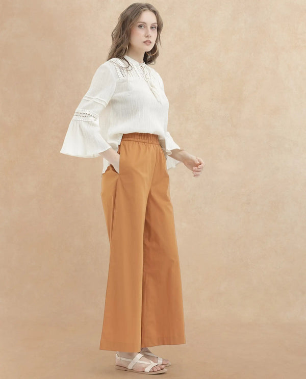 Rareism Women Kofu Light Brown Cotton Fabric Tie-Up Closure Flared Fit Plain Ankle Length Trousers