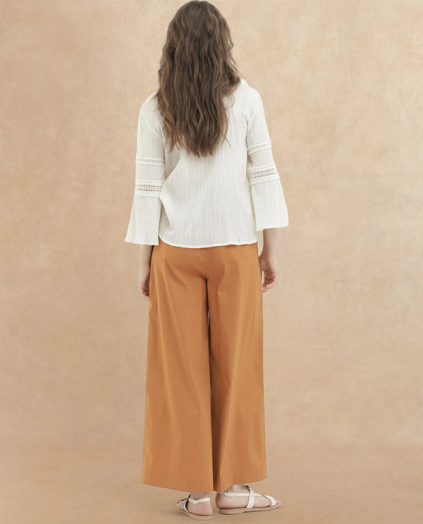 Rareism Women Kofu Light Brown Cotton Fabric Tie-Up Closure Flared Fit Plain Ankle Length Trousers