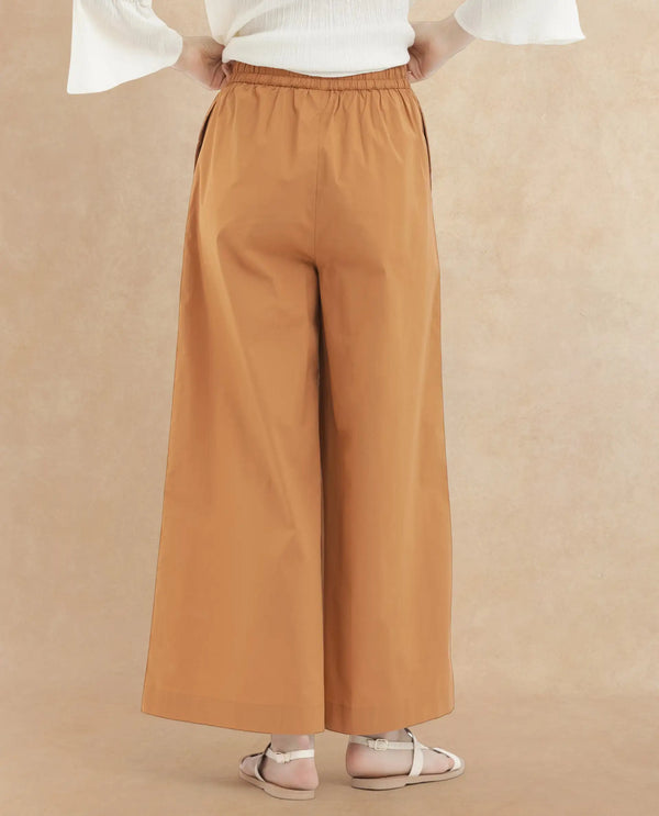 Rareism Women Kofu Light Brown Cotton Fabric Tie-Up Closure Flared Fit Plain Ankle Length Trousers