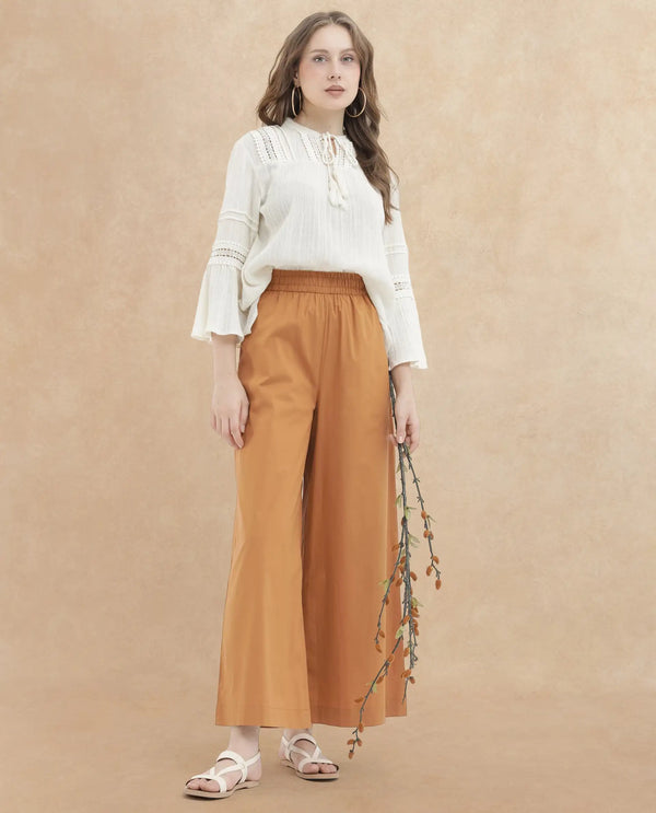 Rareism Women Kofu Light Brown Cotton Fabric Tie-Up Closure Flared Fit Plain Ankle Length Trousers