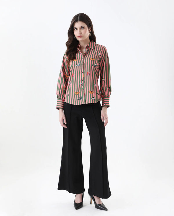 Rareism Women Kolvo Multi Bishop Sleeve Collared Neck Button Closure Narrow Stripes Top