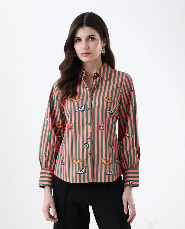 Rareism Women Kolvo Multi Bishop Sleeve Collared Neck Button Closure Narrow Stripes Top