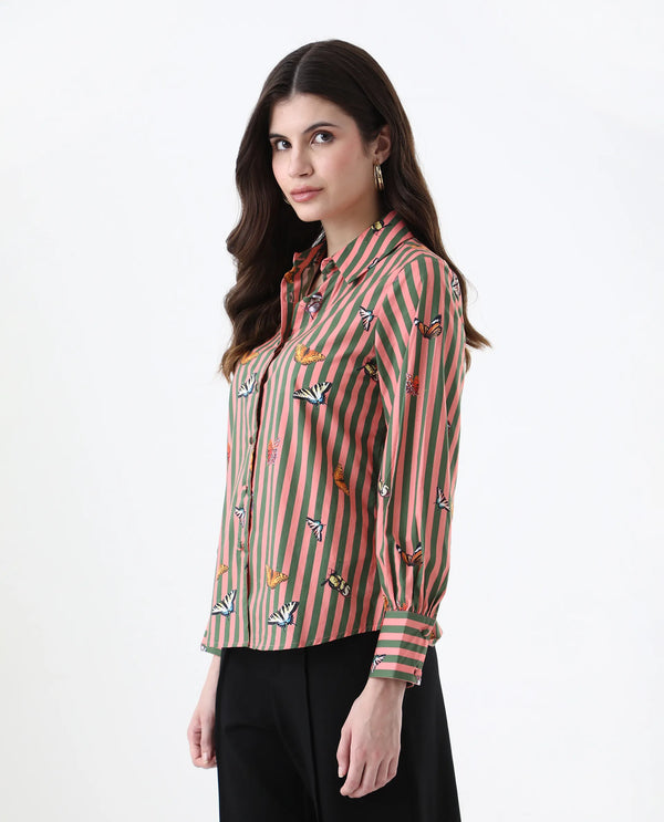 Rareism Women Kolvo Multi Bishop Sleeve Collared Neck Button Closure Narrow Stripes Top