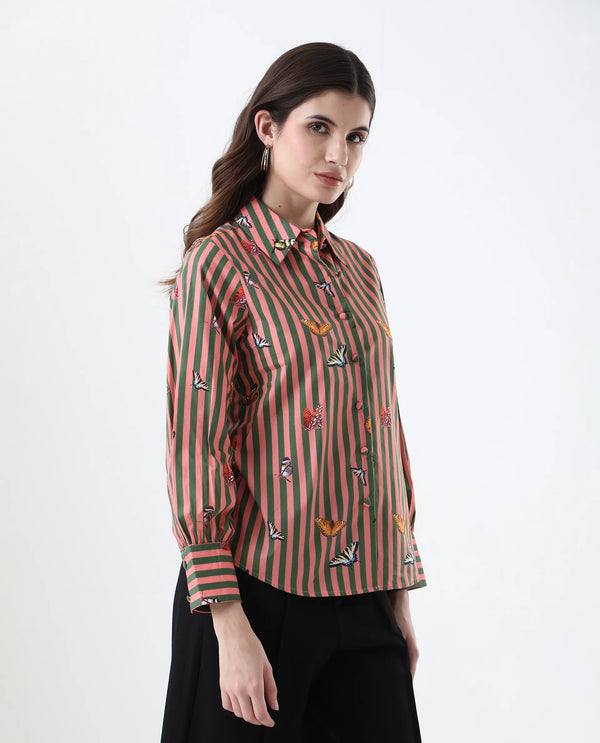 Rareism Women Kolvo Multi Bishop Sleeve Collared Neck Button Closure Narrow Stripes Top