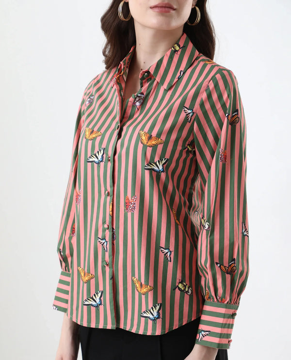 Rareism Women Kolvo Multi Bishop Sleeve Collared Neck Button Closure Narrow Stripes Top