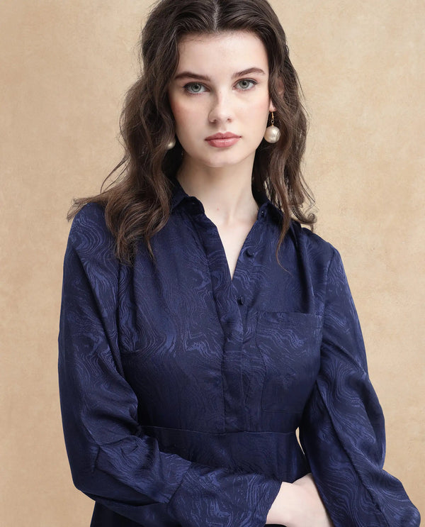 Rareism Womens Kono Navy Dress Polyester Full Sleeve Dyed