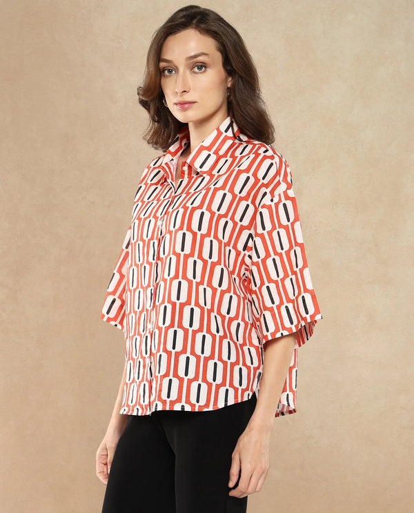 Rareism Women Koor Multi Geometric Print Collared Neck Button Closure Geometric Print Shirt