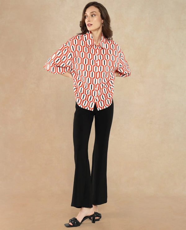 Rareism Women Koor Multi Geometric Print Collared Neck Button Closure Geometric Print Shirt