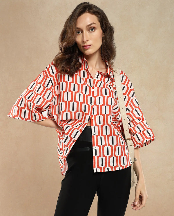 Rareism Women Koor Multi Geometric Print Collared Neck Button Closure Geometric Print Shirt