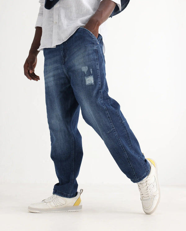 Rare Rabbit Men's Korb Blue Cotton Blend Fabric Shank And Zip Closure Skater Fit Plain Jeans