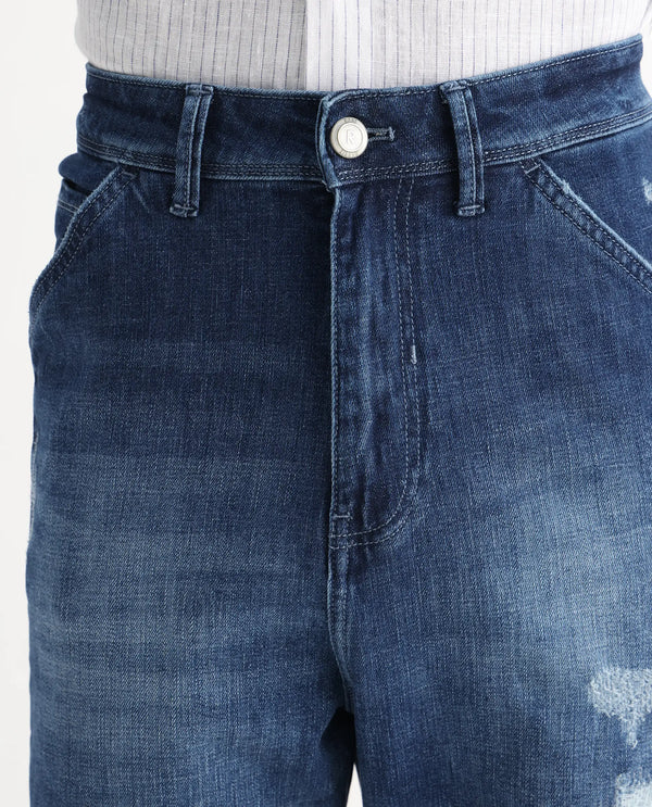 Rare Rabbit Men's Korb Blue Cotton Blend Fabric Shank And Zip Closure Skater Fit Plain Jeans