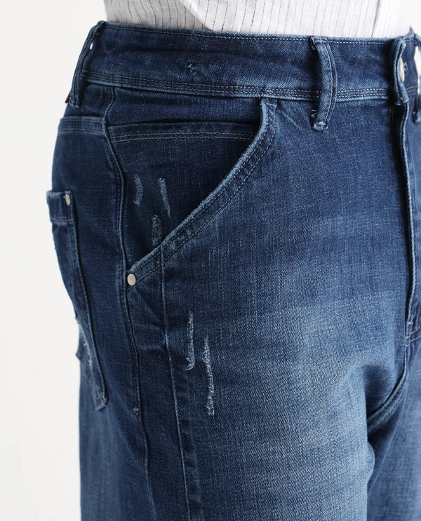 Rare Rabbit Men's Korb Blue Cotton Blend Fabric Shank And Zip Closure Skater Fit Plain Jeans