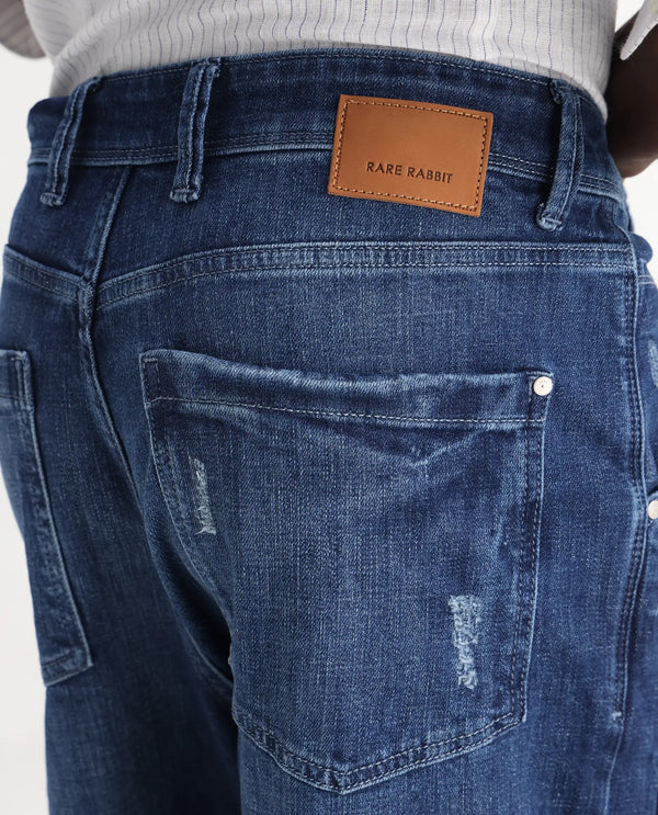 Rare Rabbit Men's Korb Blue Cotton Blend Fabric Shank And Zip Closure Skater Fit Plain Jeans