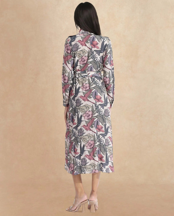 Rareism Women Korean Multi Cuffed Sleeve Collared Neck  Fit And Flare Maxi Abstract Print Dress