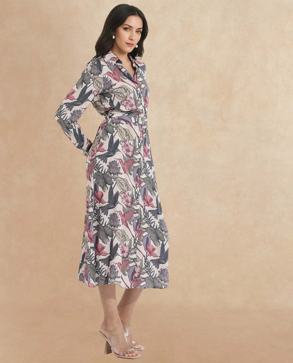 Rareism Women Korean Multi Cuffed Sleeve Collared Neck  Fit And Flare Maxi Abstract Print Dress