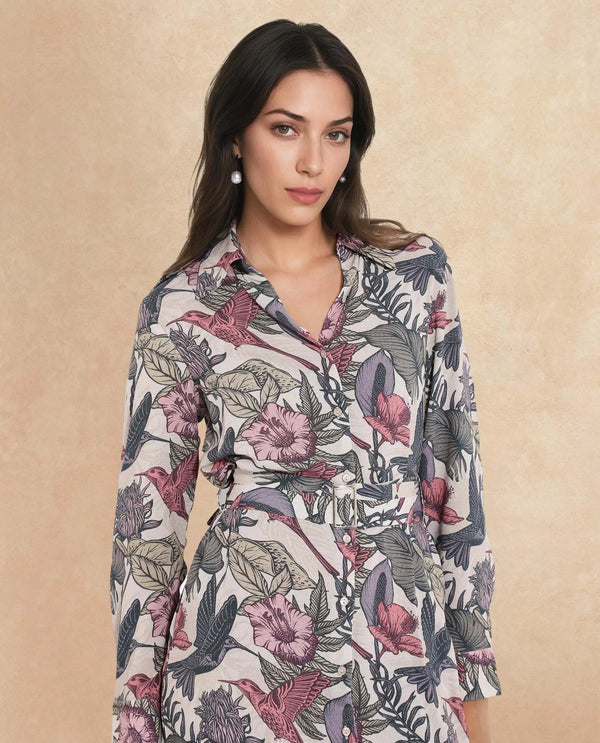 Rareism Women Korean Multi Cuffed Sleeve Collared Neck  Fit And Flare Maxi Abstract Print Dress