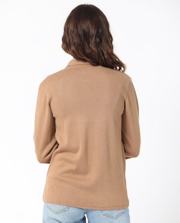 Rareism Women Korn Dark Beige Viscose Fabric Full Sleeves Regular Fit Solid Shirt Collar Sweater