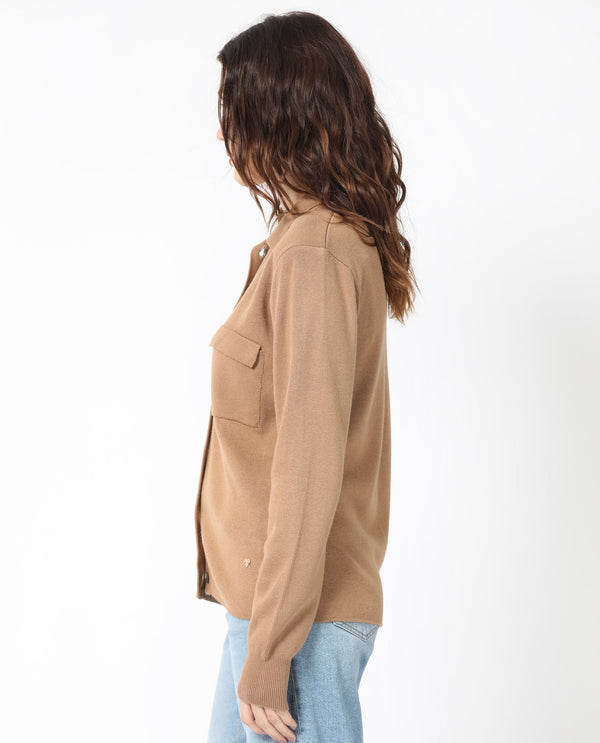 Rareism Women Korn Dark Beige Viscose Fabric Full Sleeves Regular Fit Solid Shirt Collar Sweater
