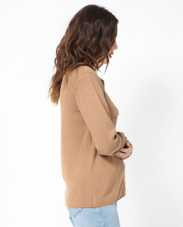 Rareism Women Korn Dark Beige Viscose Fabric Full Sleeves Regular Fit Solid Shirt Collar Sweater