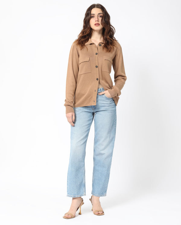 Rareism Women Korn Dark Beige Viscose Fabric Full Sleeves Regular Fit Solid Shirt Collar Sweater