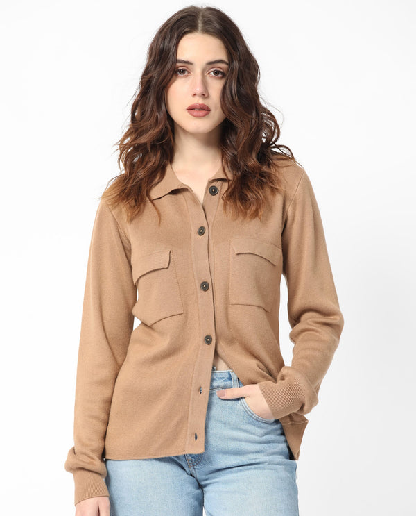 Rareism Women Korn Dark Beige Viscose Fabric Full Sleeves Regular Fit Solid Shirt Collar Sweater