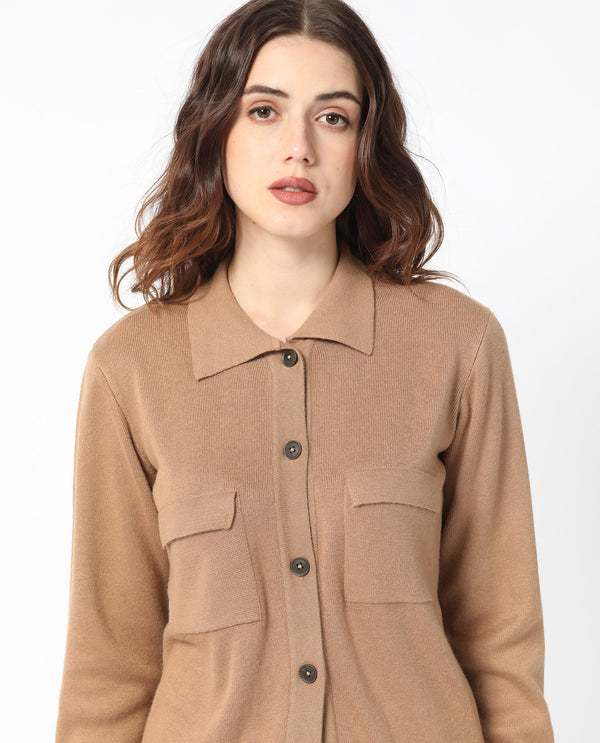 Rareism Women Korn Dark Beige Viscose Fabric Full Sleeves Regular Fit Solid Shirt Collar Sweater