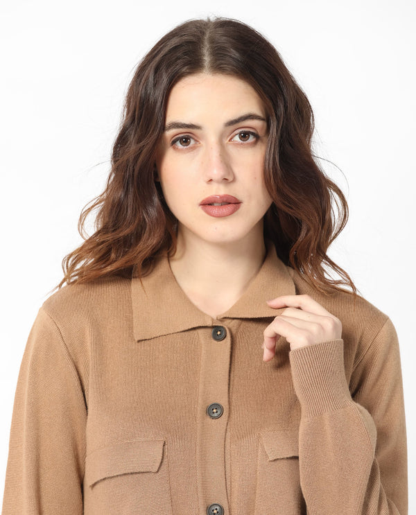 Rareism Women Korn Dark Beige Viscose Fabric Full Sleeves Regular Fit Solid Shirt Collar Sweater