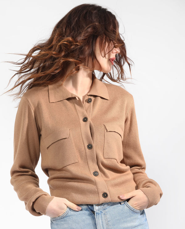 Rareism Women Korn Dark Beige Viscose Fabric Full Sleeves Regular Fit Solid Shirt Collar Sweater