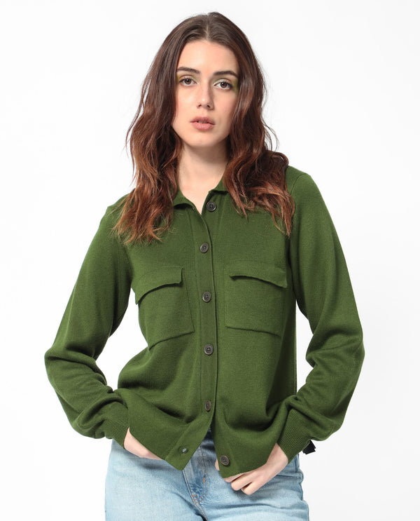 Rareism Women Korn Green Viscose Fabric Full Sleeves Regular Fit Solid Shirt Collar Sweater