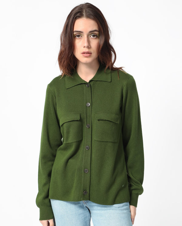 Rareism Women Korn Green Viscose Fabric Full Sleeves Regular Fit Solid Shirt Collar Sweater