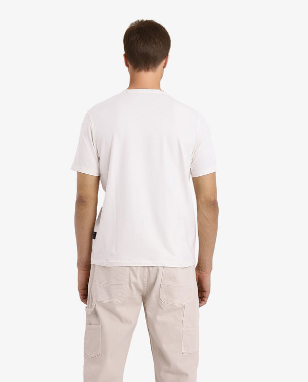 Rare Rabbit Men Kowl Off White Cotton Lycra Fabric Short Sleeve Crew Neck Regular Fit Graphic Print T-Shirt