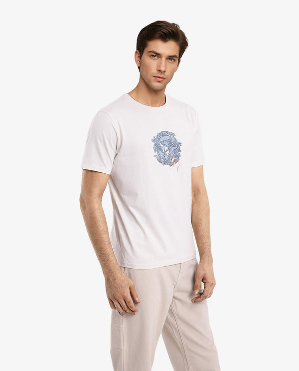 Rare Rabbit Men Kowl Off White Cotton Lycra Fabric Short Sleeve Crew Neck Regular Fit Graphic Print T-Shirt