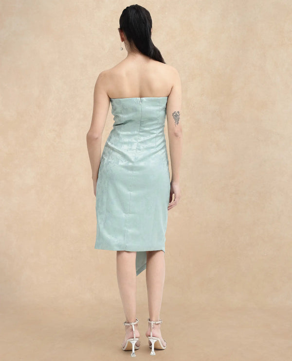 Rareism Women Krakow Light Blue Polyester Fabric Sleeveless Tube Neck Zipper Closure Textured Bodycon Knee Length Dress