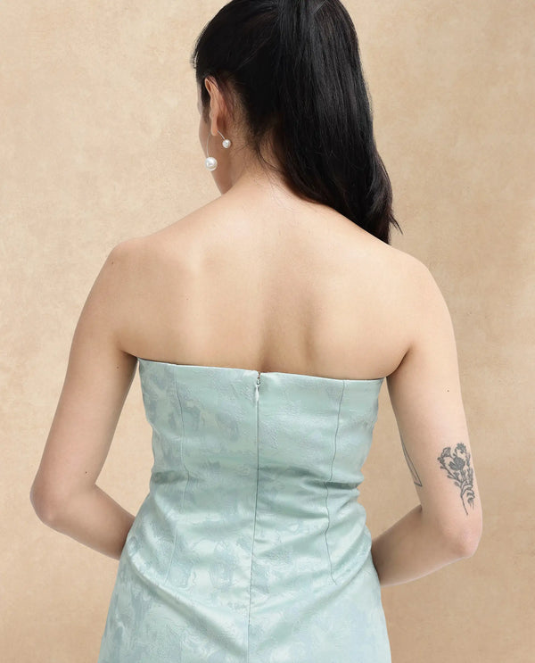 Rareism Women Krakow Light Blue Polyester Fabric Sleeveless Tube Neck Zipper Closure Textured Bodycon Knee Length Dress